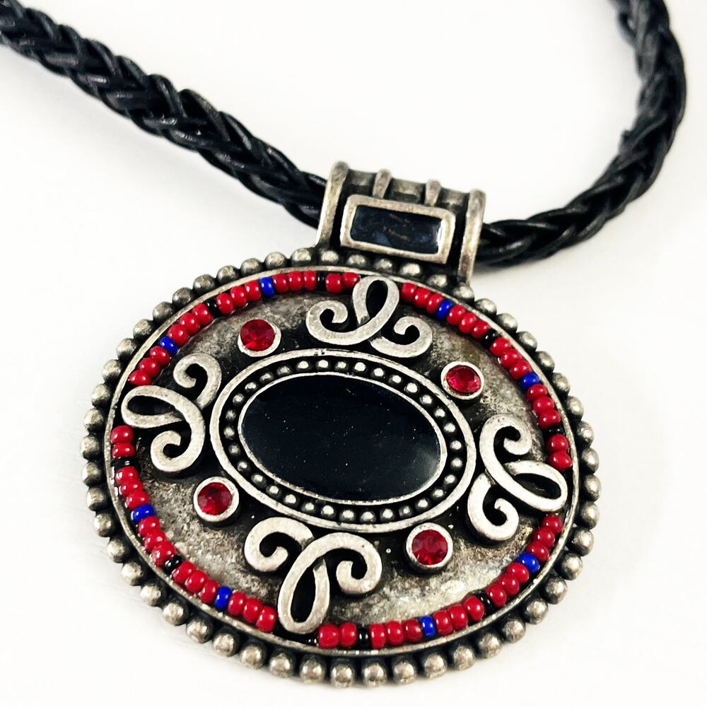 Chico's Beaded Medallion Leather Necklace